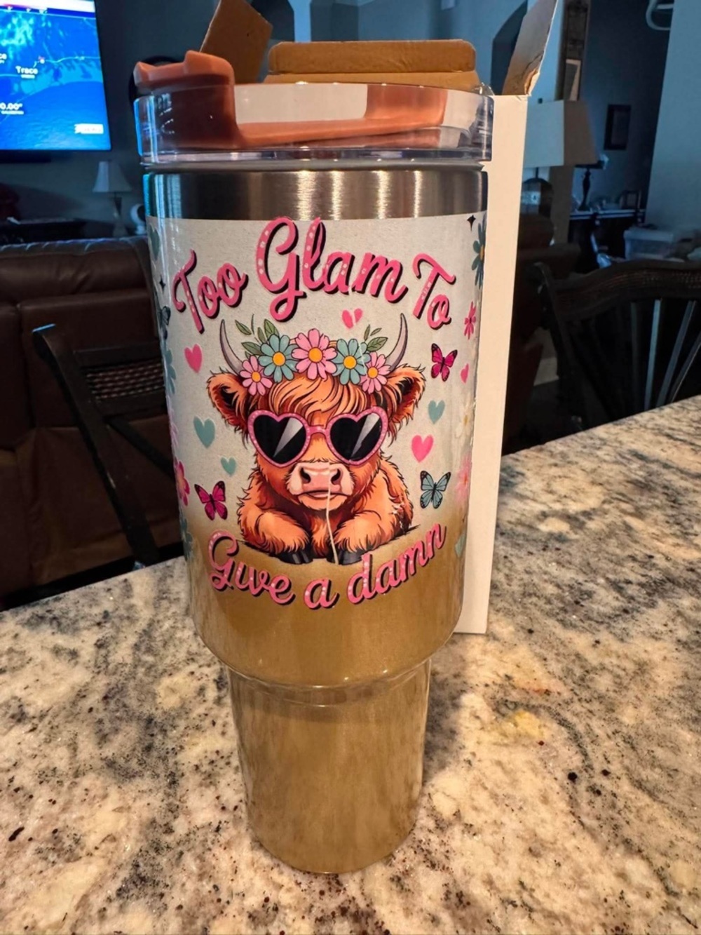 Too Glam To Give A Damn Gold Tumbler NEW IN BOX a scratch on the cow see pics